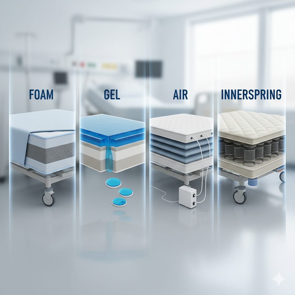 Different types of hospital bed mattresses foam, gel, air, and innerspring options for patient comfort and support.