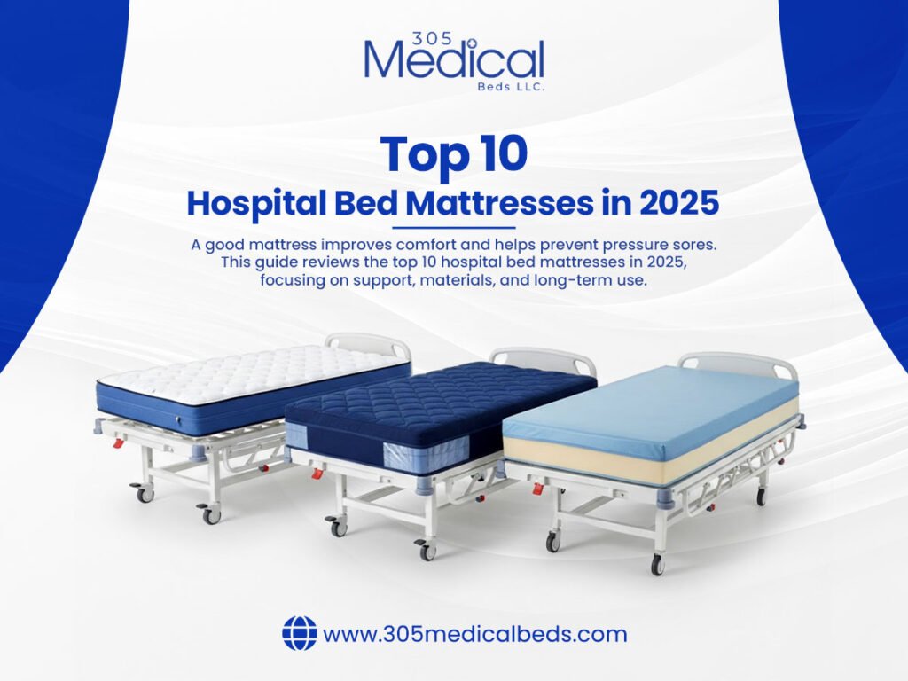 Blog Feature Image showcasing different hospital bed mattress to choose 2025 which improves comfort, prevent pressure sores and focuses on support.