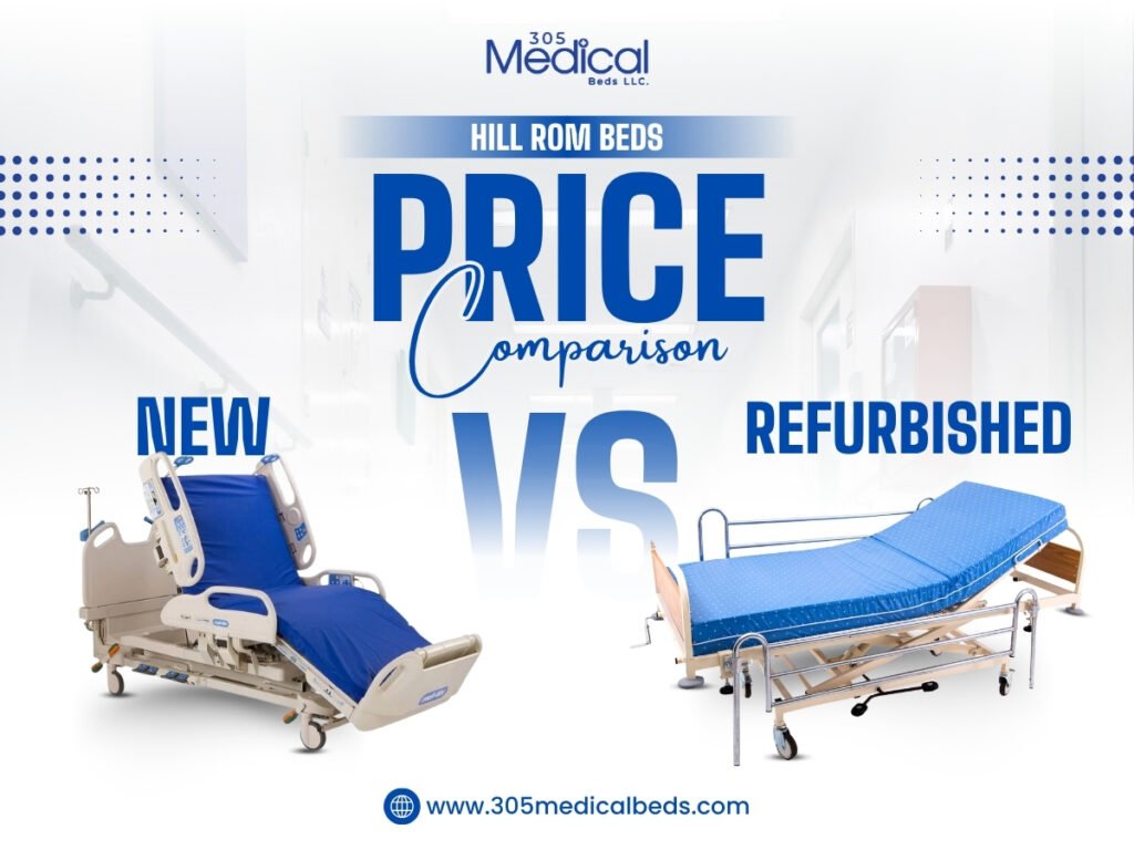Blog Featured Image showcasing two price comparison of two different hospital hill rom beds; one new hill rom hospital bed and second hill rom refurbished bed