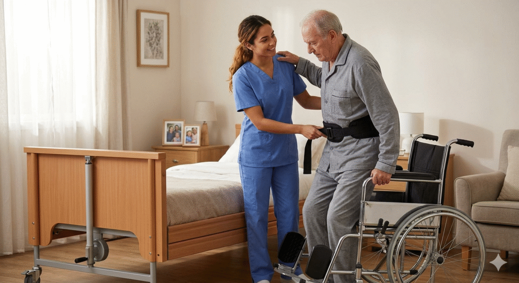 caregiver assisting patient in transfering from wheel chair to home