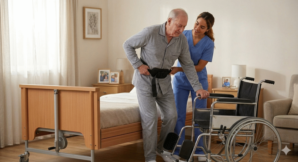 caregiver assisting patient in transfering from wheel chair to home bed